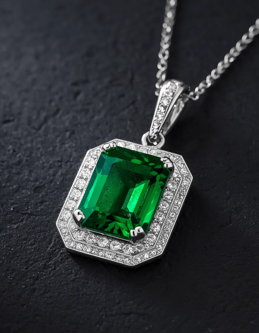 Emerald Cut Colombian Emerald Halo Pendant